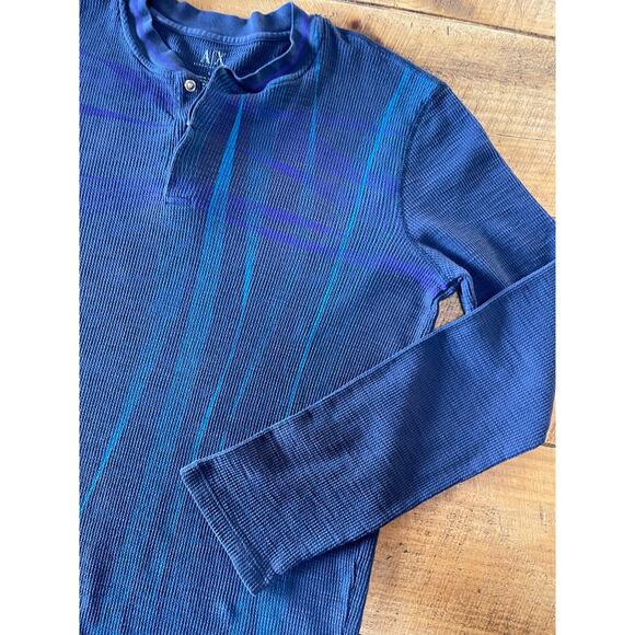 Mens Armani Exchange Blue Long Sleeve Waffle Knit Henley‎ Sleeve Buttons Size L - Picture 2 of 9